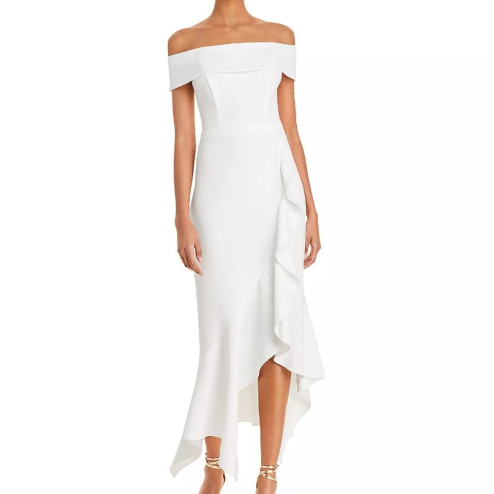 AQUA Scuba Crepe Off-the-Shoulder Midi Dress